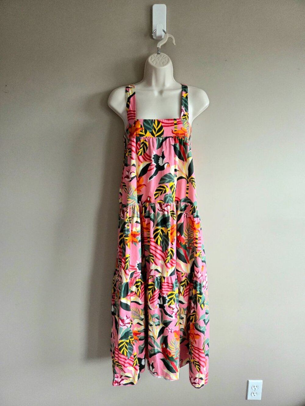 100% Cotton Pink Tropical Birds Parrots and Leaves Print Tiered Maxi Sun Dress